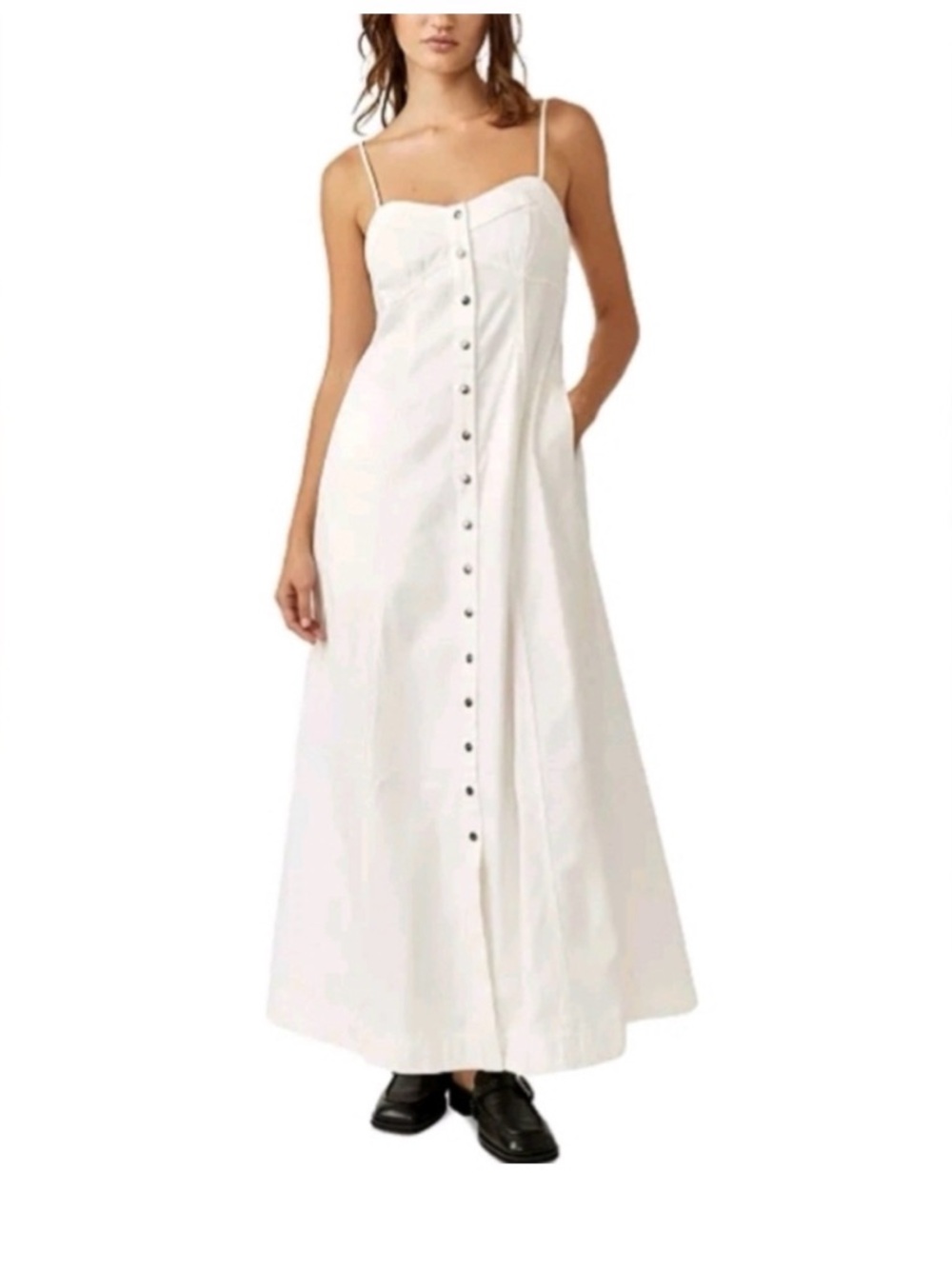Free People White Button-Front Spaghetti Strap Maxi Dress